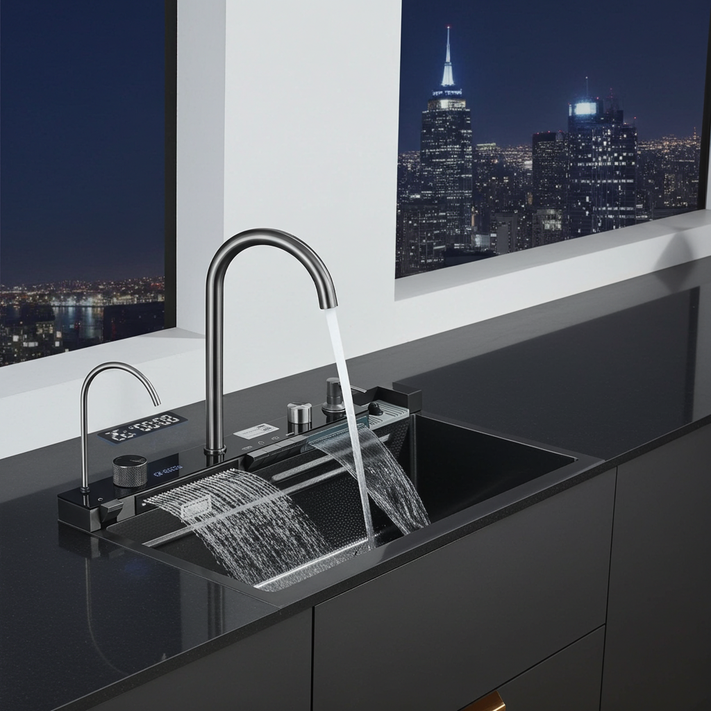 Modern kitchen sink with faucet in a dark-toned kitchen setting with city skyline view.