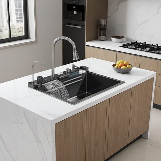 Stainless Steel Kitchen Sink with Faucet Digital Display Large Single Bowl Waterfall Rain 5 Functions System Dish Basin Sink - Home Fusion