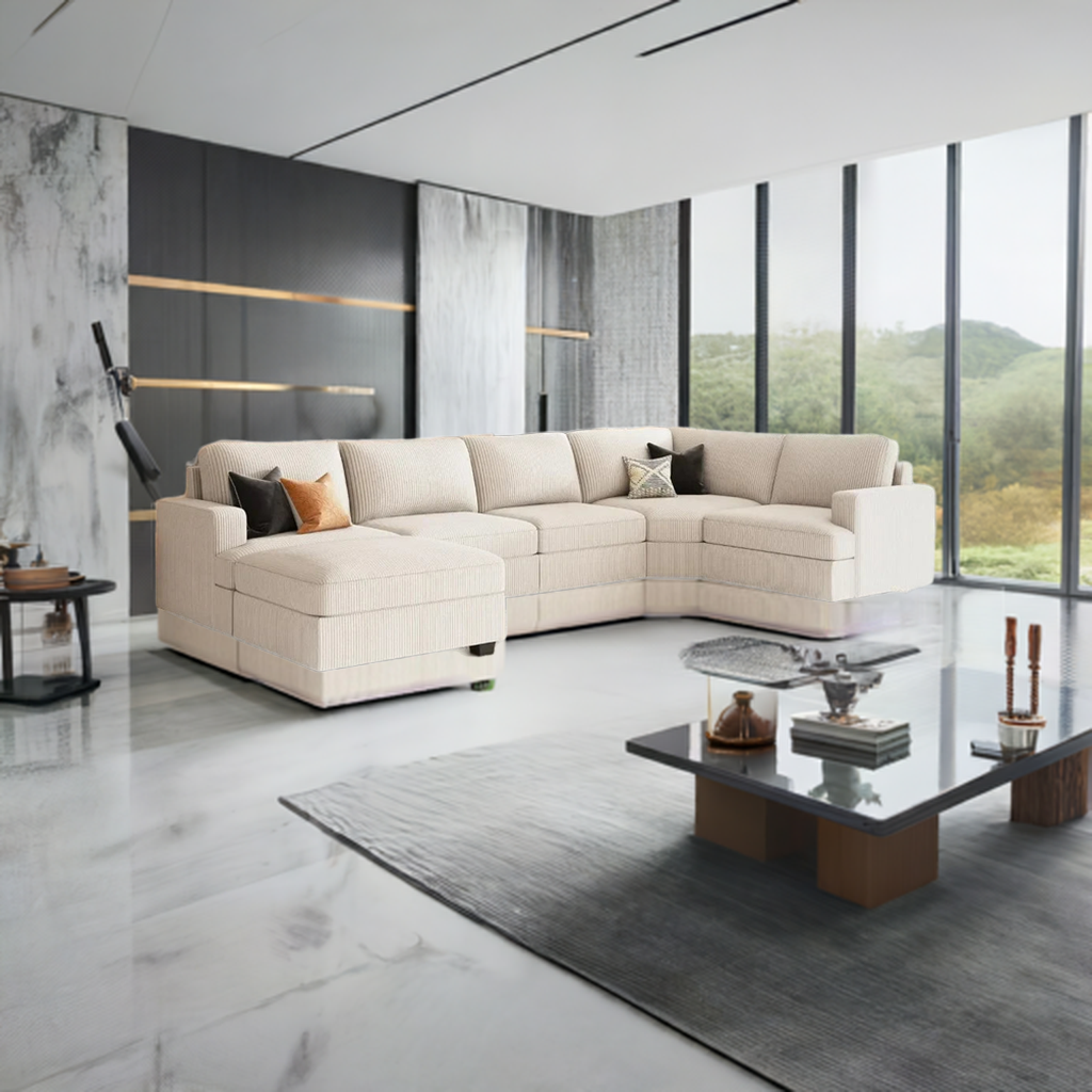 Sectional Sofa with Storage Ottoman, U Shape Sectional Couch Corduroy Modular Sectional Couches for Living Room, Beige - Home Fusion