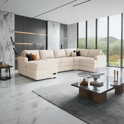 Sectional Sofa with Storage Ottoman, U Shape Sectional Couch Corduroy Modular Sectional Couches for Living Room, Beige - Home Fusion