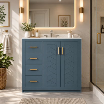 Modern blue bathroom vanity cabinet with gold hardware and geometric cabinet doors