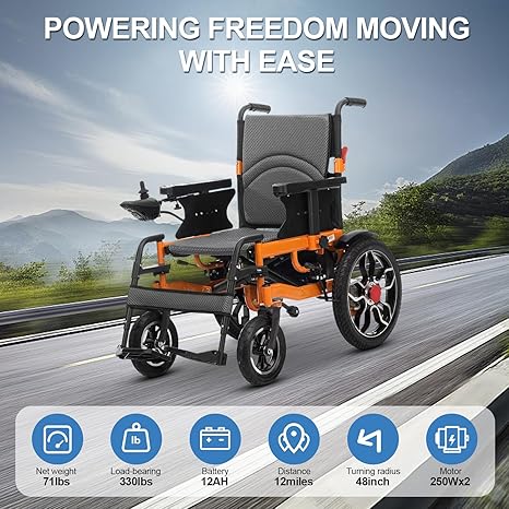 Electric wheelchair with orange frame and black seat on a road with mountains in the background, featuring text 'Powering Freedom Moving with Ease'.