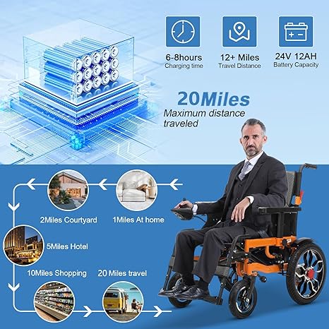 Electric wheelchair with battery pack and travel distance information on a blue background