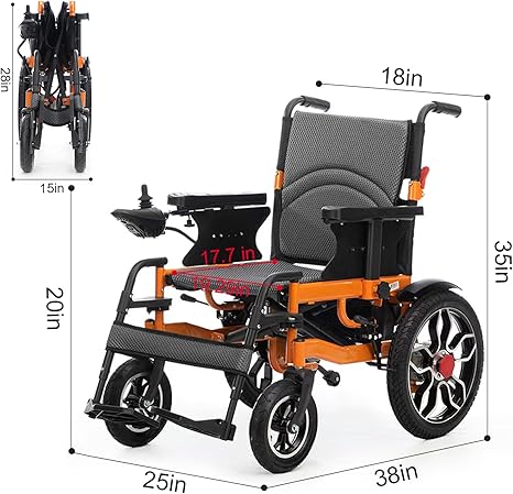 Electric wheelchair with dimensions displayed on a white background