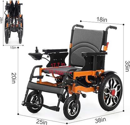Electric wheelchair with dimensions displayed on a white background