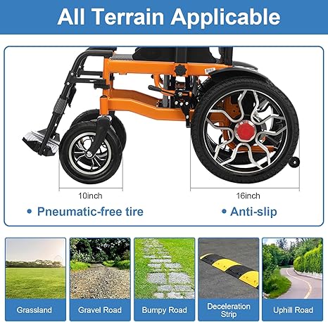Orange all-terrain wheelchair with pneumatic-free tires and anti-slip features, shown on a blue background.