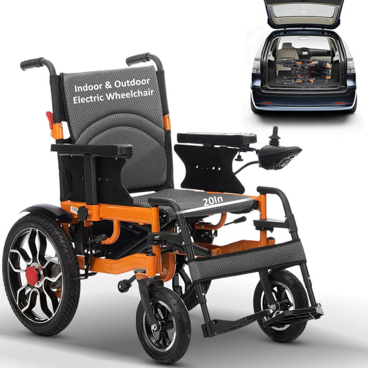 Electric wheelchair with orange accents on a white background